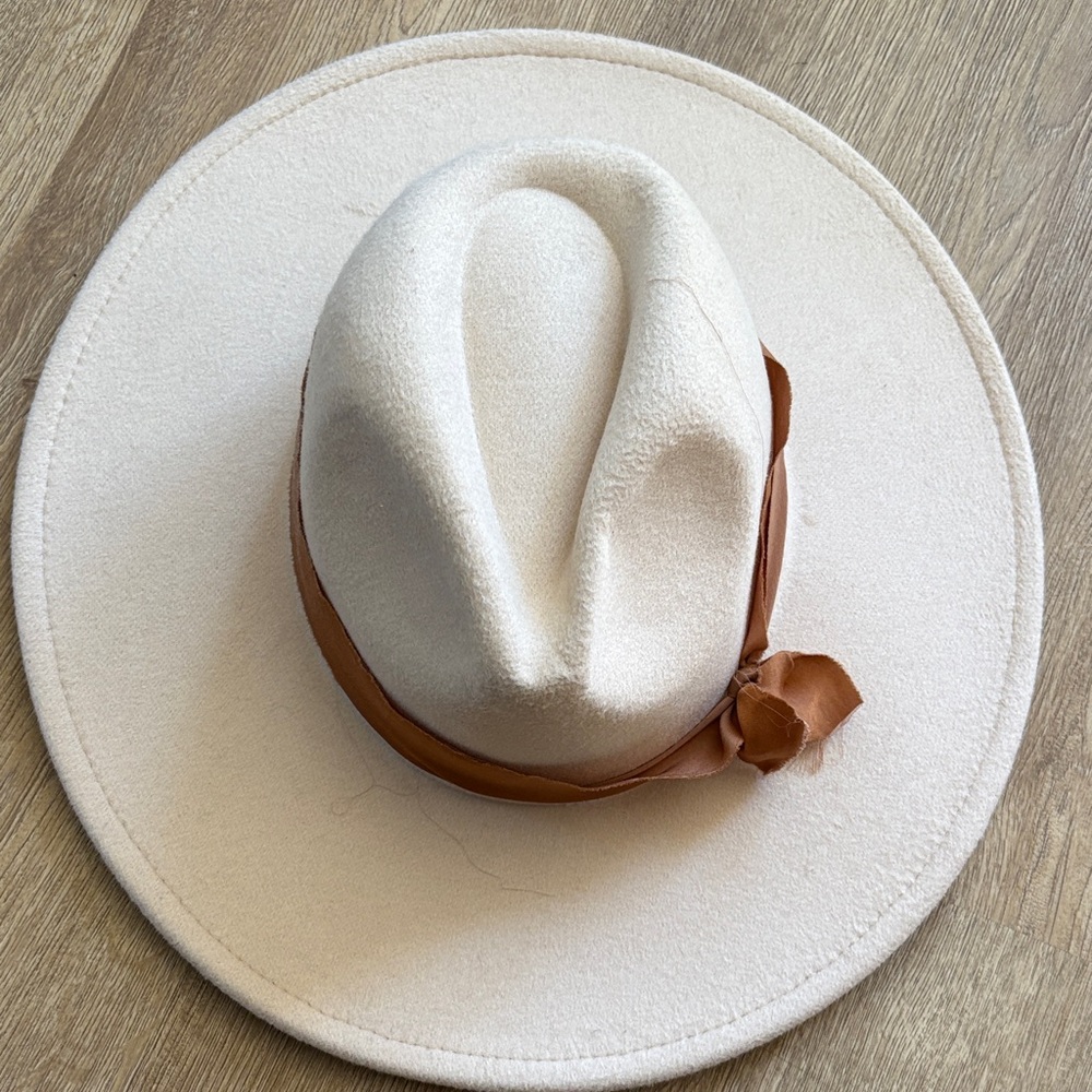 Cream Hat with Brown Ribbon